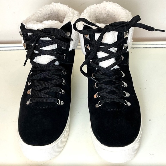 MARC FISHER Daire Black Suede Lace Up Faux Fur Sherpa High Top Sneaker sz 10M - Picture 16 of 16